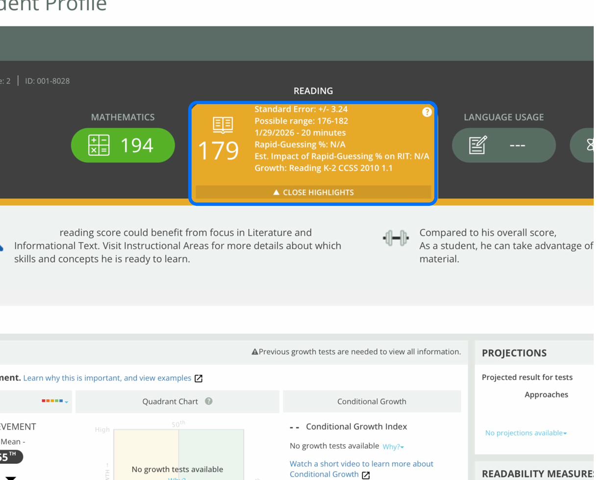 MAP Growth report - detail panel expanded